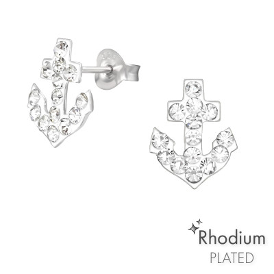 Silver Anchor Ear Studs with Crystal