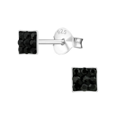 Silver Square Ear Studs with Crystal