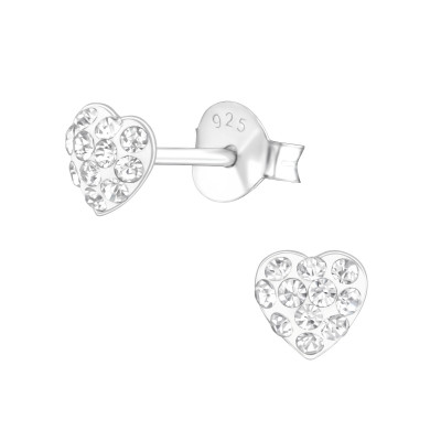 Silver Heart Ear Studs with Crystal