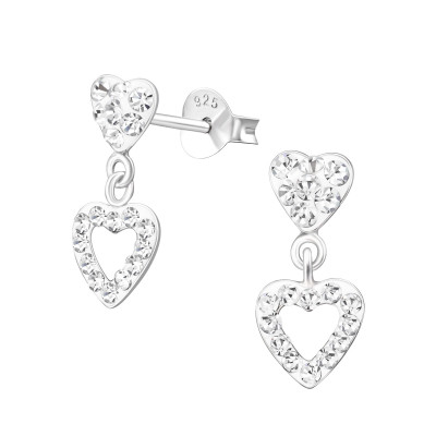 Silver Heart Ear Studs with Hanging Heart and Crystal