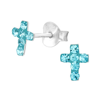 Silver Cross Ear Studs with Crystal