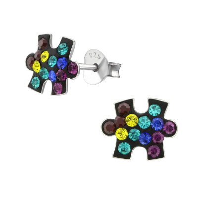 Silver Puzzle Piece Ear Studs with Crystal