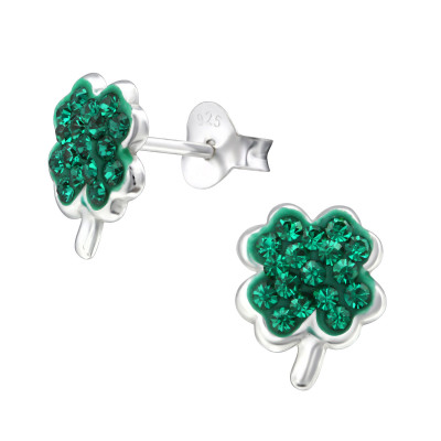 Silver Lucky Clover Ear Studs with Crystal