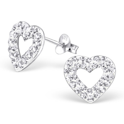 Silver Heart Ear Studs with Crystal