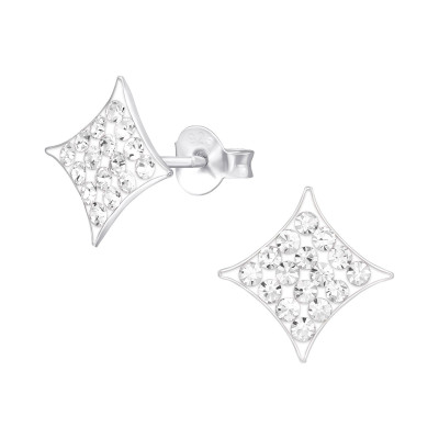 Silver Square Ear Studs with Crystal