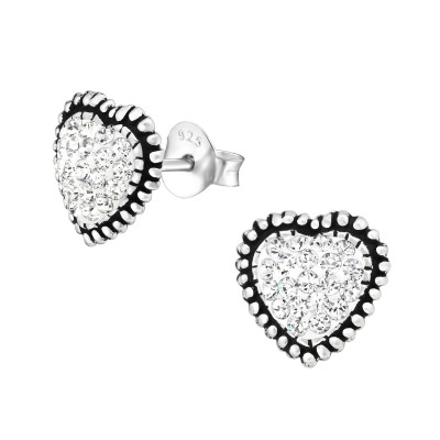 Silver Heart Ear Studs with Genuine European Crystals