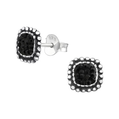 Silver Square Ear Studs with Crystal