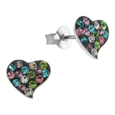 Silver Heart Ear Studs with Crystal