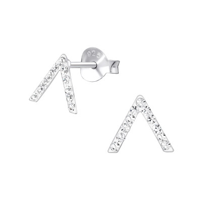 Silver V Shape Ear Studs with Crystal