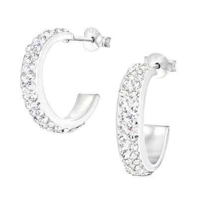 Silver Semi Hoops Ear Studs with Crystal