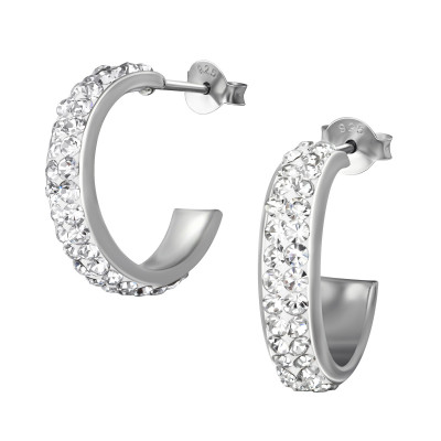 Silver Half Hoop Ear Studs with Crystal