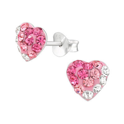 Silver Heart Ear Studs with Crystal