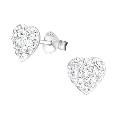 Silver Heart Ear Studs with Crystal