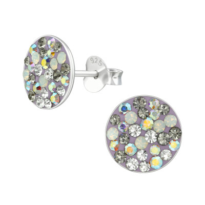 Silver Round Ear Studs with Crystal