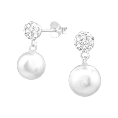 Silver Ball Ear Studs with Hanging Synthetic Pearl and Crystal