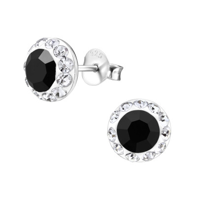 Silver Round Ear Studs with Crystal