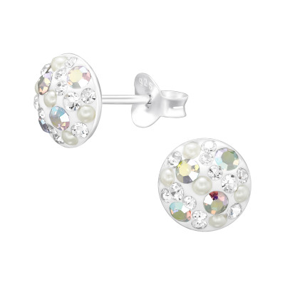 Silver Round Ear Studs with Synthetic Pearl and Crystal