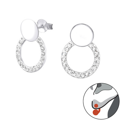 Silver Round Ear Studs with Crystal