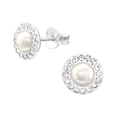 Silver Round Ear Studs with Plastic Pearl and Crystal