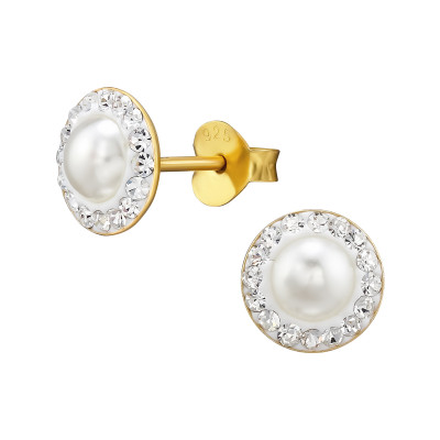 Silver Round Ear Studs with Plastic Pearl and Crystal