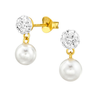 Silver Ball Ear Studs with Hanging Plastic Pearl and Crystal