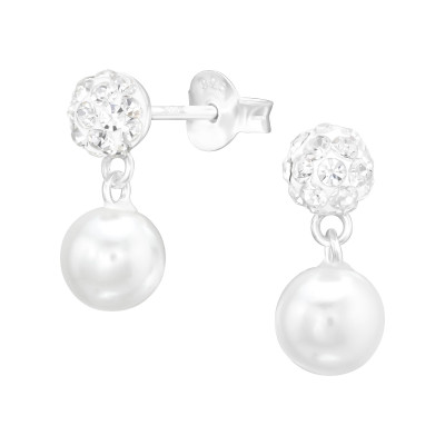 Silver Ball Ear Studs with Hanging Synthetic Pearl and Crystal