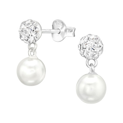 Silver Ball Ear Studs with Hanging Synthetic Pearl and Crystal