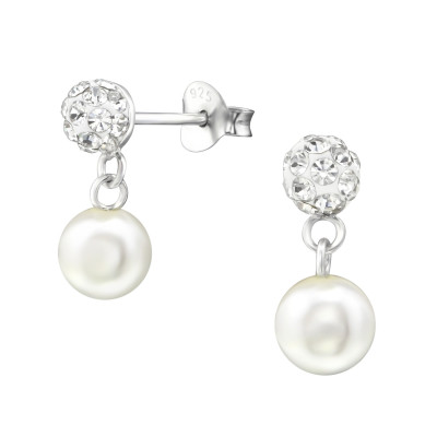 Silver Crystal Ball Ear Studs with Hanging Pearl