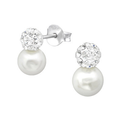 Silver Double Ball Ear Studs with Synthetic Pearl and Crystal