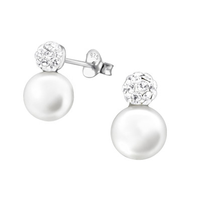 Silver Double Ball Ear Studs with Synthetic Pearl and Crystal