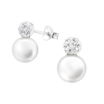 Silver Round Ear Studs with Synthetic Pearl and Crystal