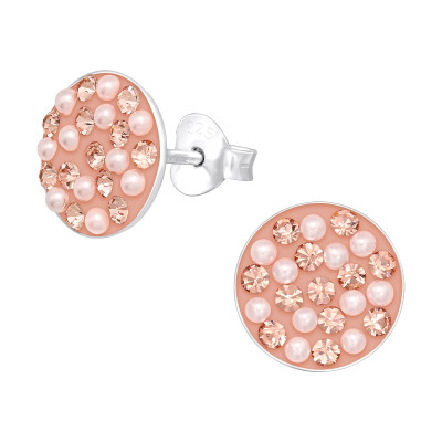 Silver Round Ear Studs with Synthetic Pearl and Crystal