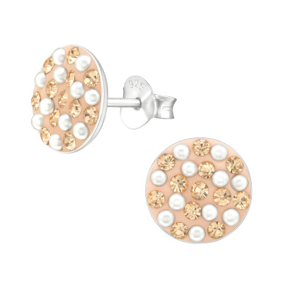 Silver Round Ear Studs with Synthetic Pearl and Crystal