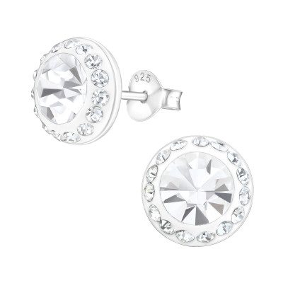 Silver Round Ear Studs with Crystal