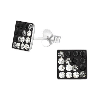 Silver Square Ear Studs with Crystal