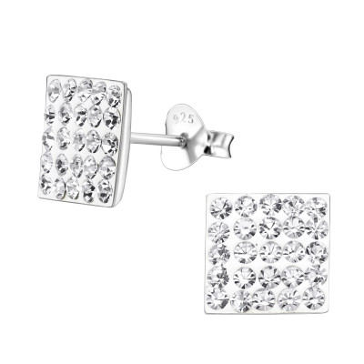 Silver Square Ear Studs with Crystal