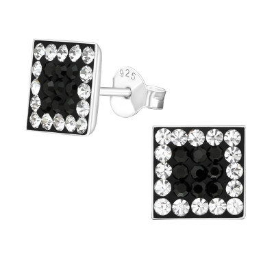 Silver Square Ear Studs with Crystal