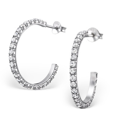Curved Sterling Silver Ear Studs with Crystal