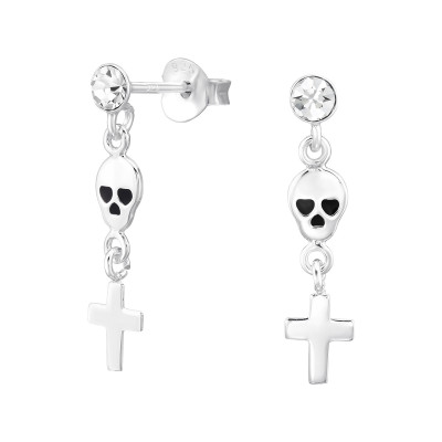 Skull and Cross Sterling Silver Ear Studs with Crystal and Epoxy