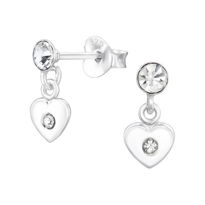 Dangling Heart Sterling Silver Ear Studs with Crystal