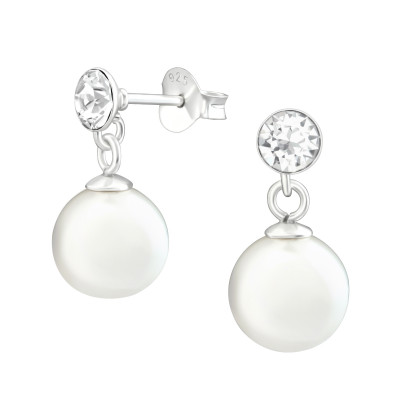 Silver Round Ear Studs with Hanging Pearl and Genuine European Crystal