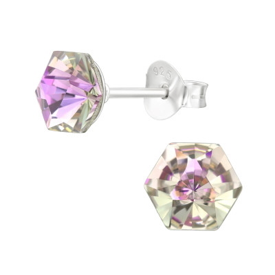 Silver Hexagon 6mm Ear Studs with Crystal