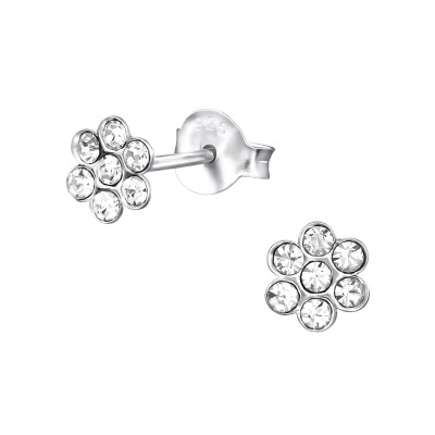 Silver Flower Ear Studs with Crystal