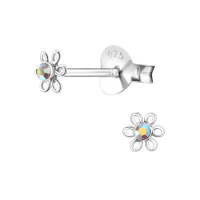 Silver Flower Ear Studs with Crystal