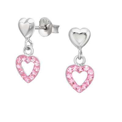 Silver Heart Ear Studs with Hanging Crystal Heart