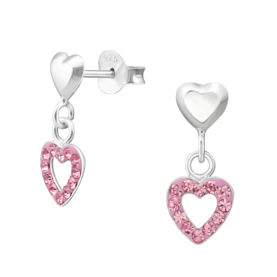 Silver Heart Ear Studs with Hanging Crystal Heart