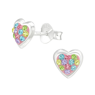 Silver Heart Ear Studs with Crystal