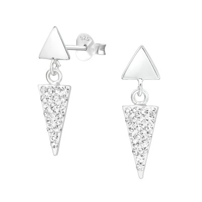 Silver Triangle Ear Studs with Hanging Triangle and Crystal