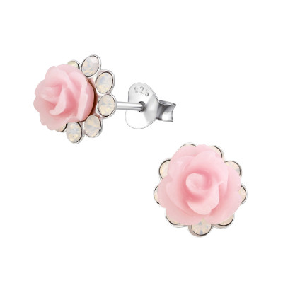 Silver Rose Ear Studs with Crystal and Plastic