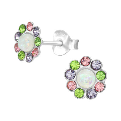 Silver Flower Ear Studs with Crystal and Imitation Opal